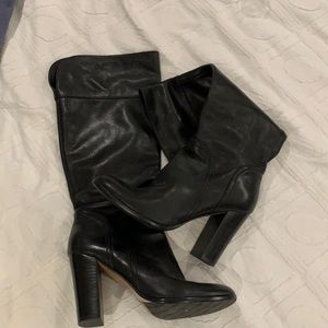 Black Leather Block Heel Boots